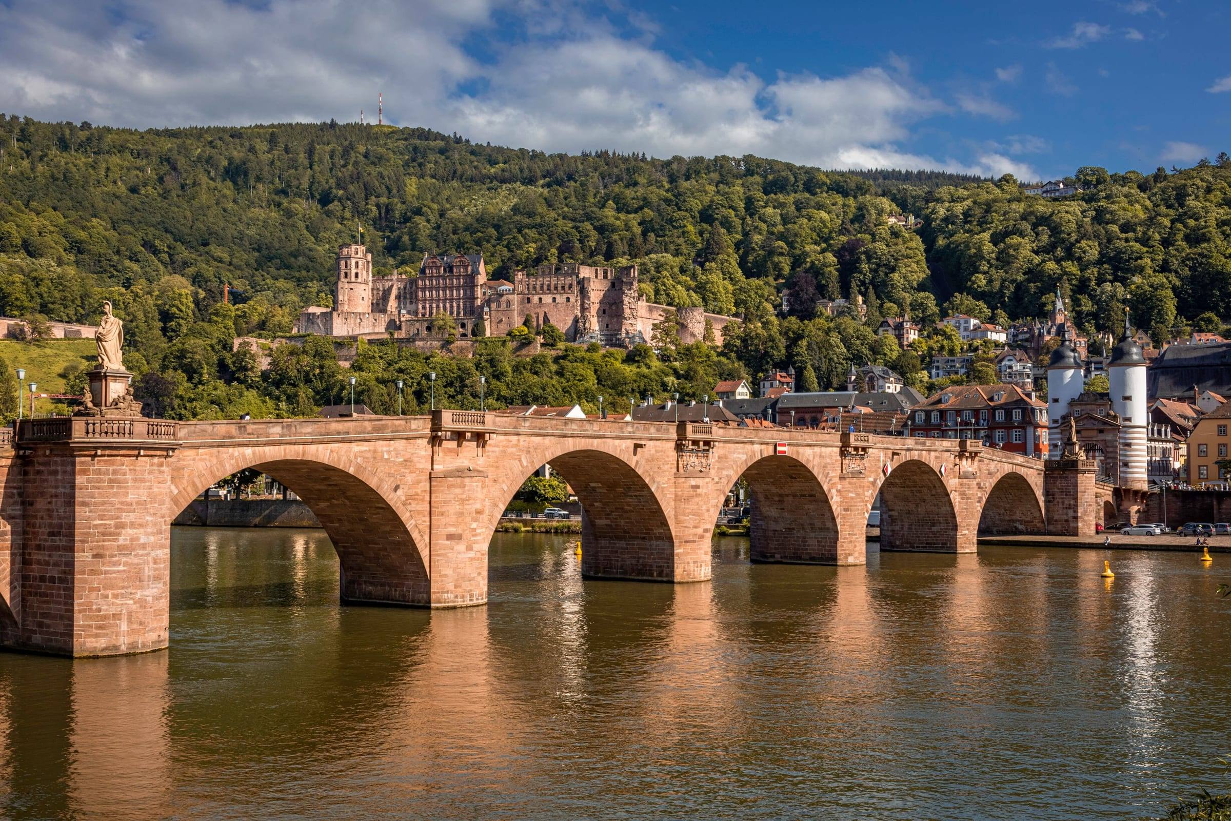 Die Alte Brücke über den Neckar, oben am Hang das Heidelberger Schloss