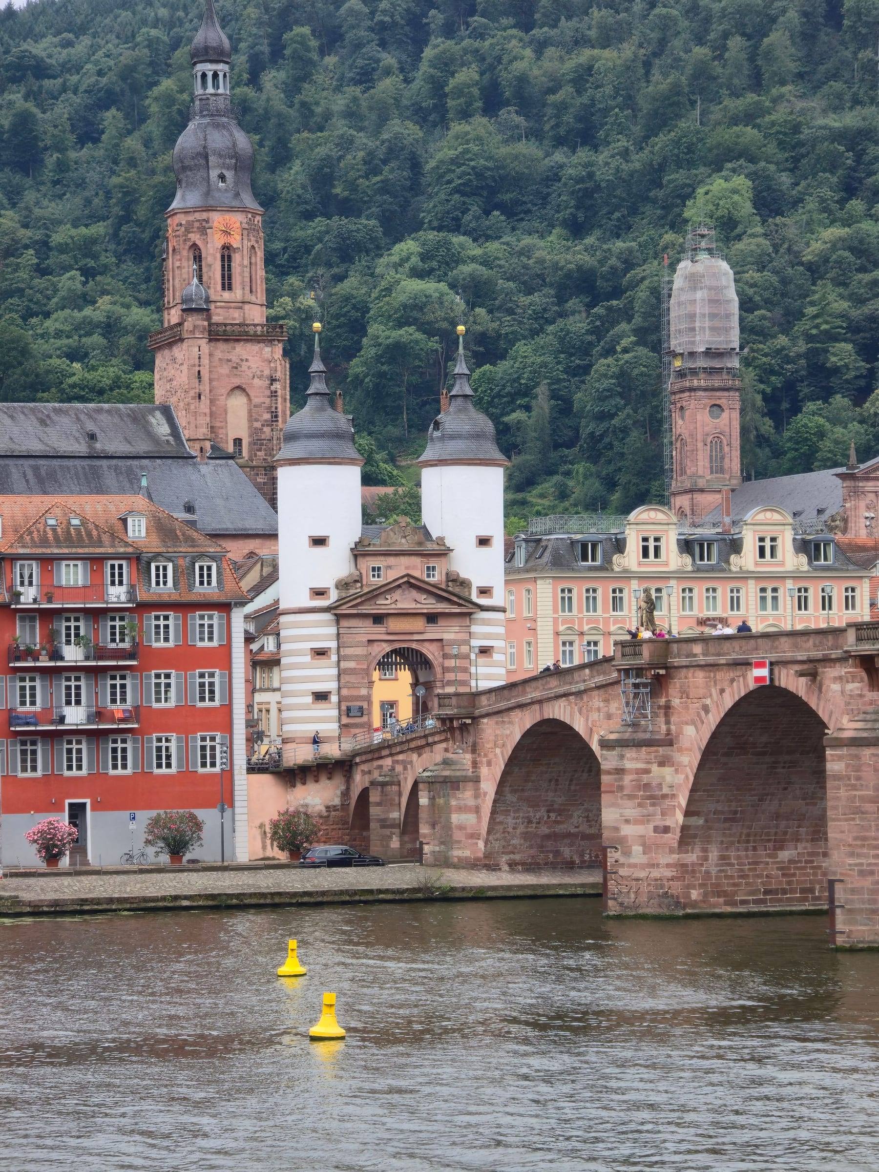 Brückentor der Alten Brücke mit seinen zwei weißen Türmen, dahinter die Altstadt am Neckar