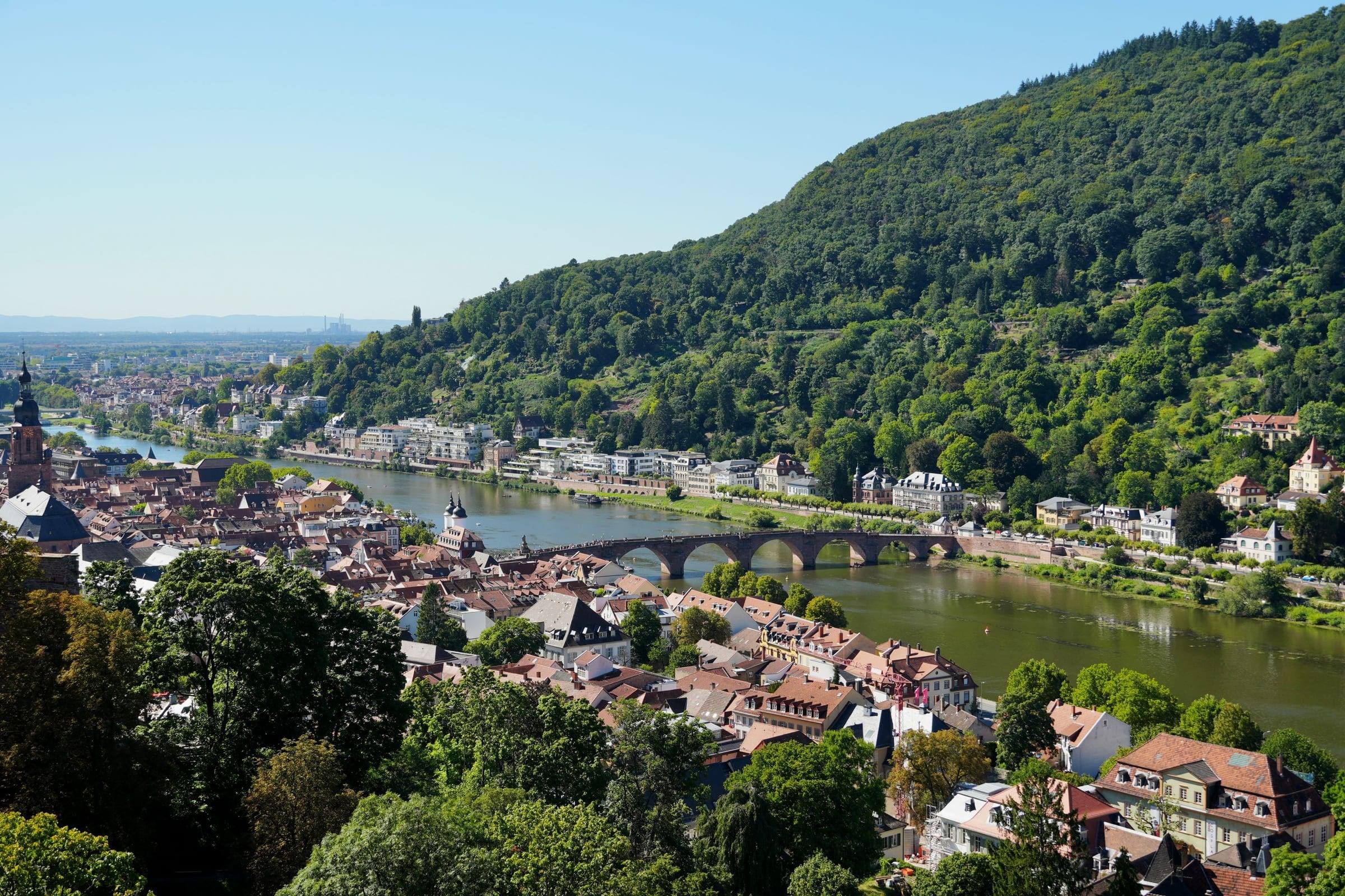 Blick von den Hängen über Heidelberg auf das Neckartal und die Alte Brücke